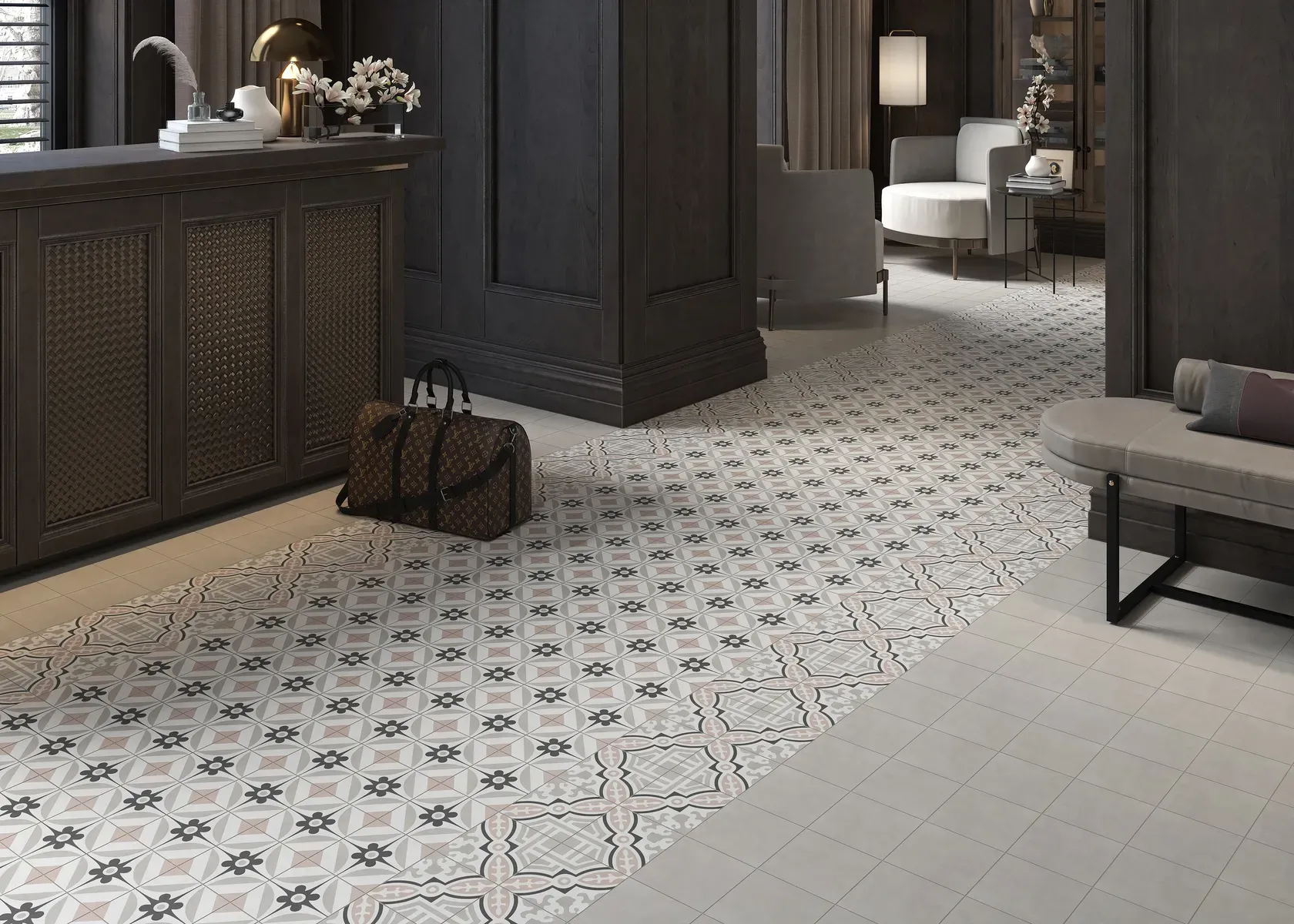 Corridoio con pavimento geometrico bicolore