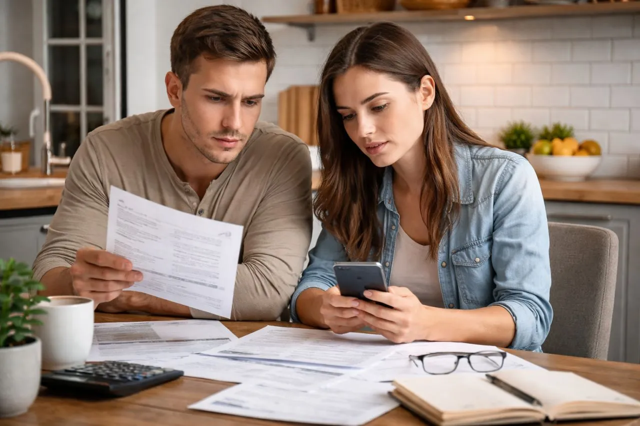 Coppia che consulta documenti e preventivi per la ristrutturazione di casa