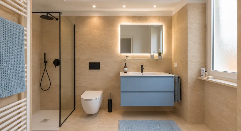 Bagno di dimensioni contenute con rivestimento ceramico chiaro e mobile lavabo sospeso