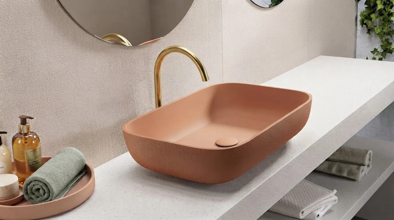 Lavabo colorato in tonalità terracotta con rubinetteria dorata